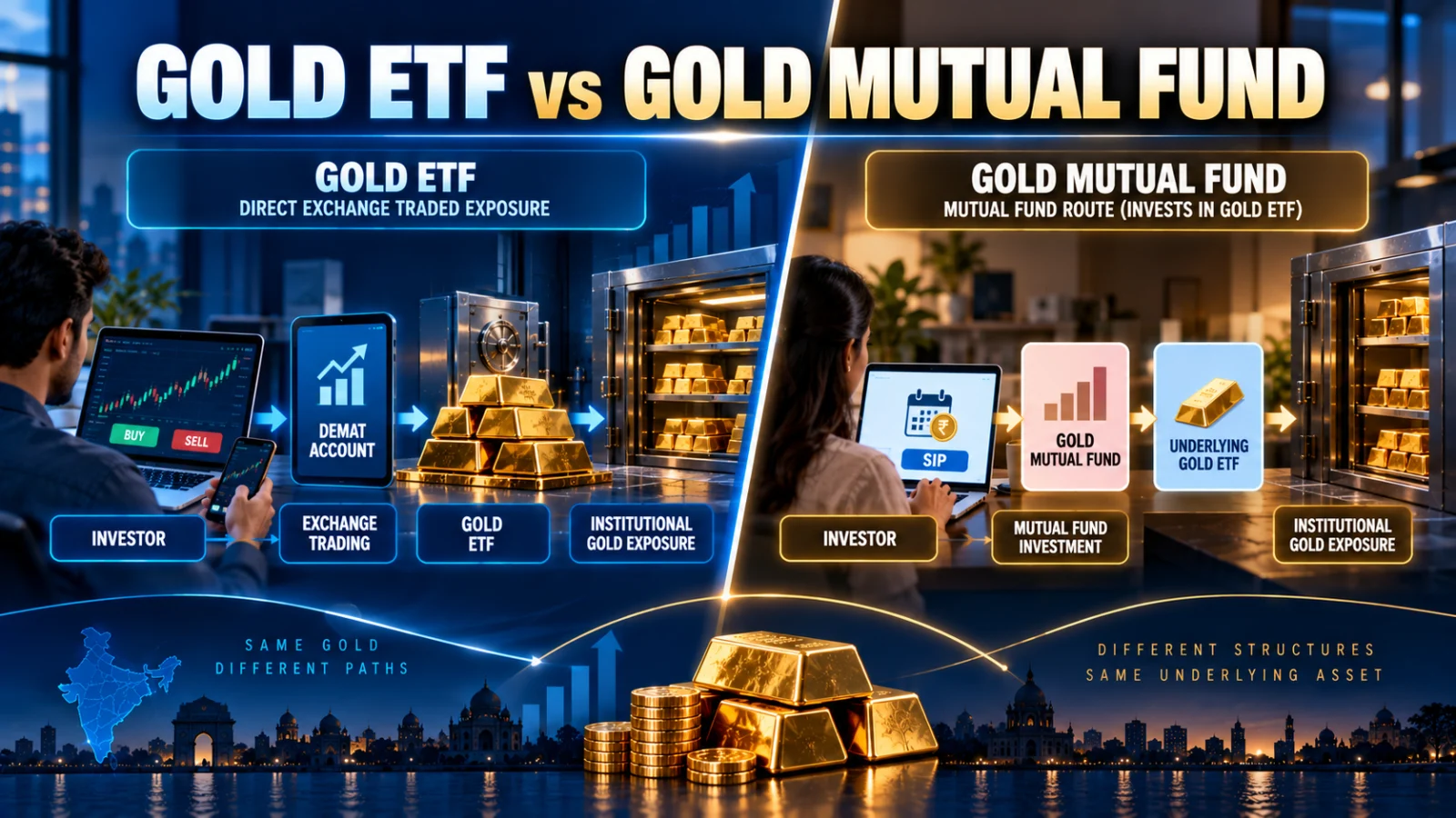 Direct Gold ETF exchange route compared with a Gold Fund of Fund mutual-fund route leading to underlying gold exposure
