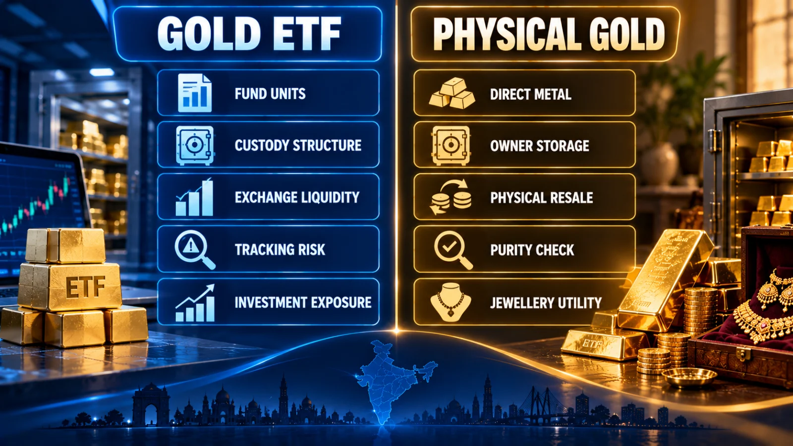 Infographic comparing Gold ETF units with physical gold across ownership, storage, liquidity, tracking and jewellery utility