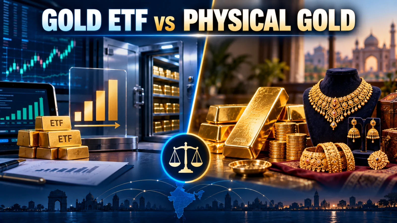Exchange-traded gold investment shown beside physical gold bullion and jewellery to compare different ownership formats