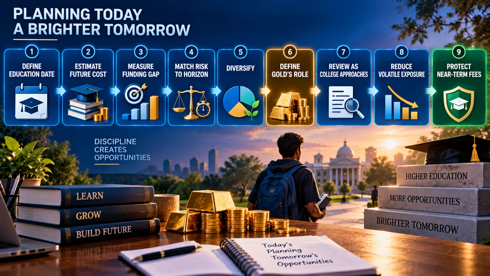 Indian parent planning a child's future college fund with gold and education savings documents