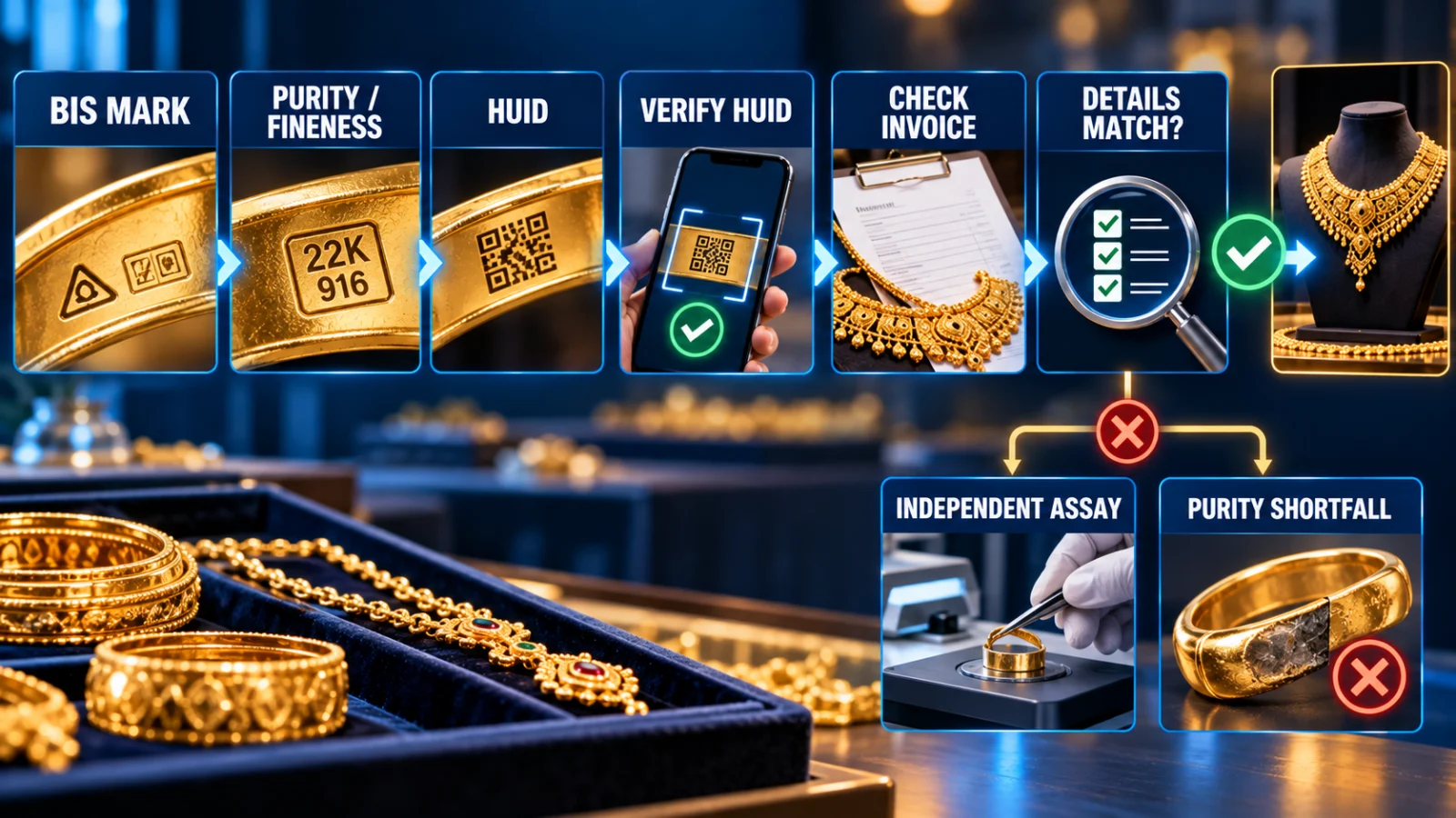 Infographic showing the gold jewellery verification path from hallmark and purity code to HUID, invoice and independent testing