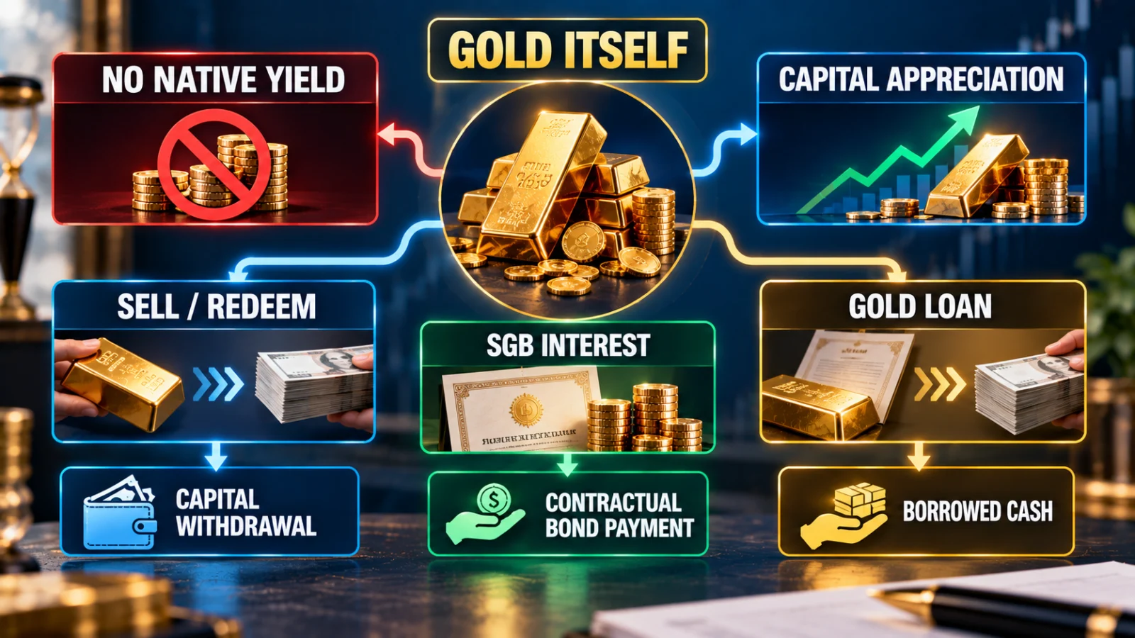 Infographic distinguishing gold income, capital appreciation, withdrawals, bond interest and borrowing