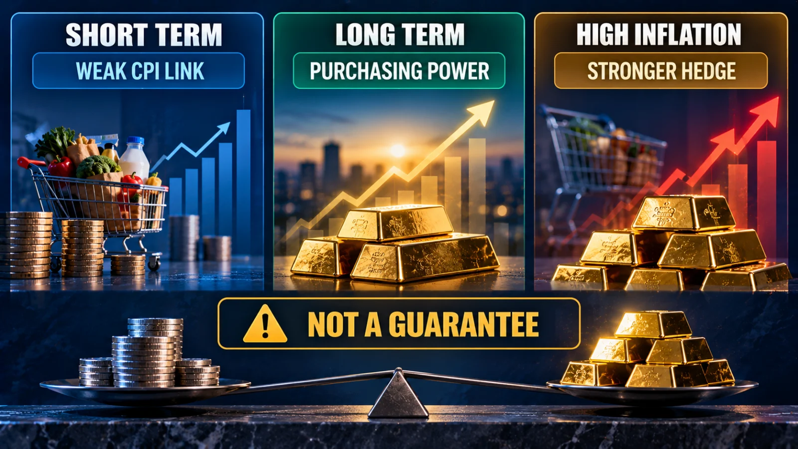 Infographic explaining when gold acts as an inflation hedge over short and long periods