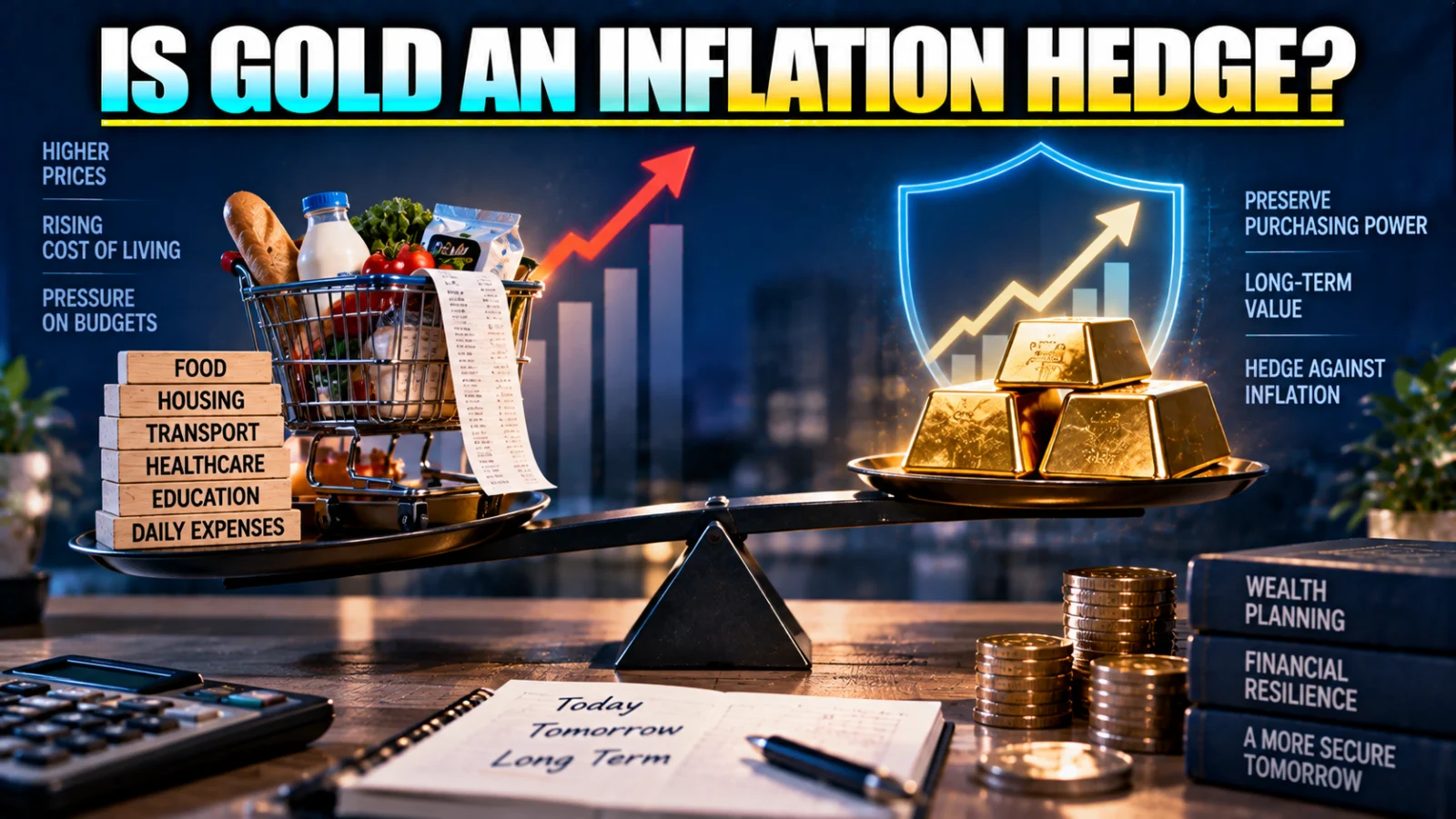 Gold bars beside an inflation chart illustrating whether gold protects purchasing power