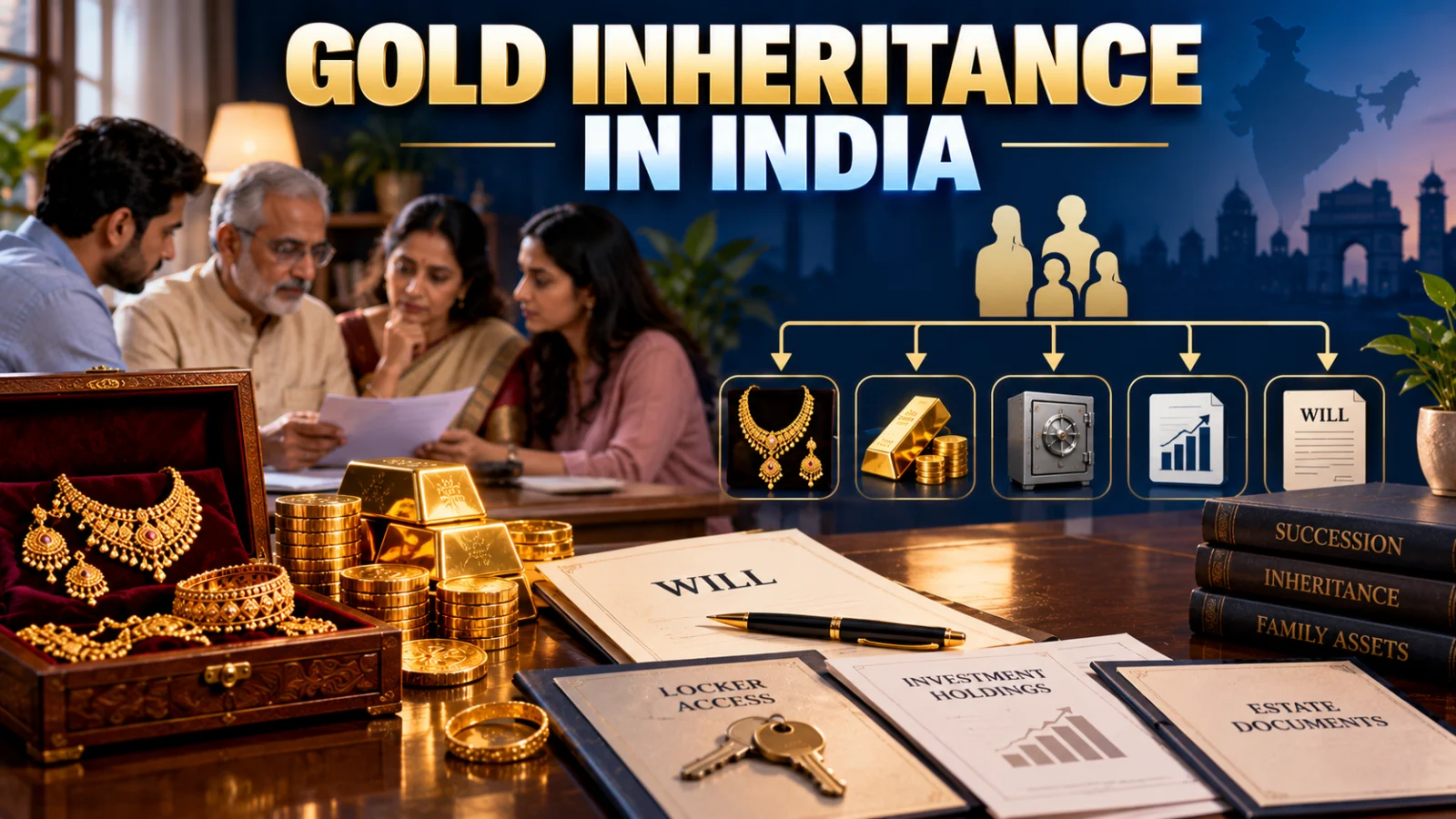 Indian family estate documents beside gold jewellery, bullion and financial investment records illustrating inheritance and transfer after death