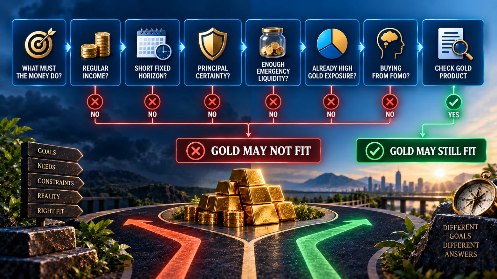 Decision path testing whether gold fits needs for income, certainty, horizon, liquidity and diversification