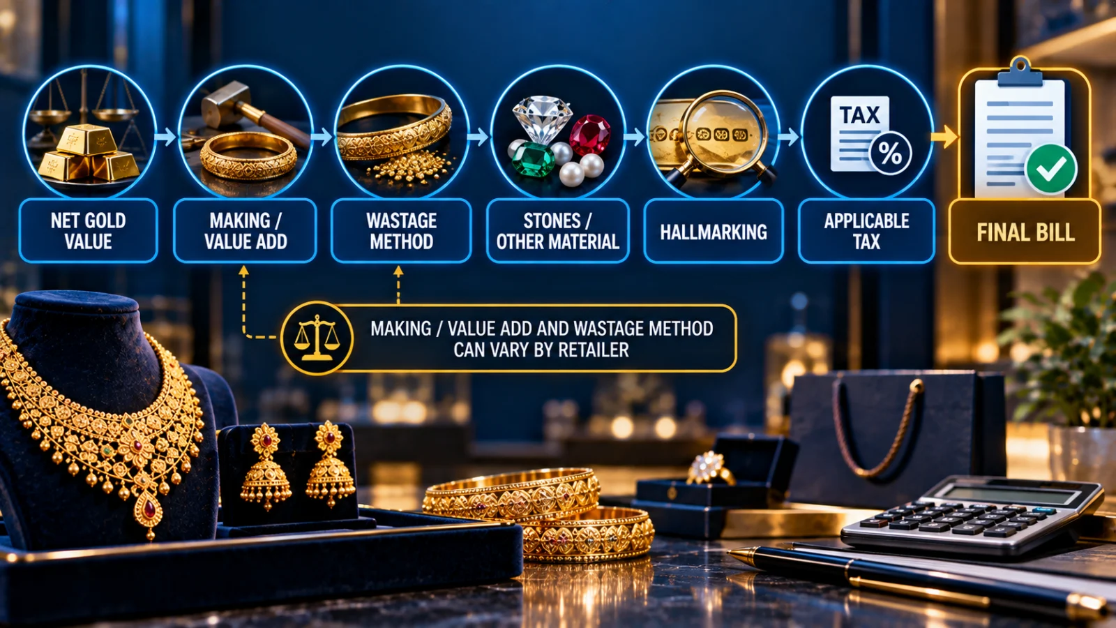 Infographic showing the components that can turn a quoted gold rate into a final jewellery bill