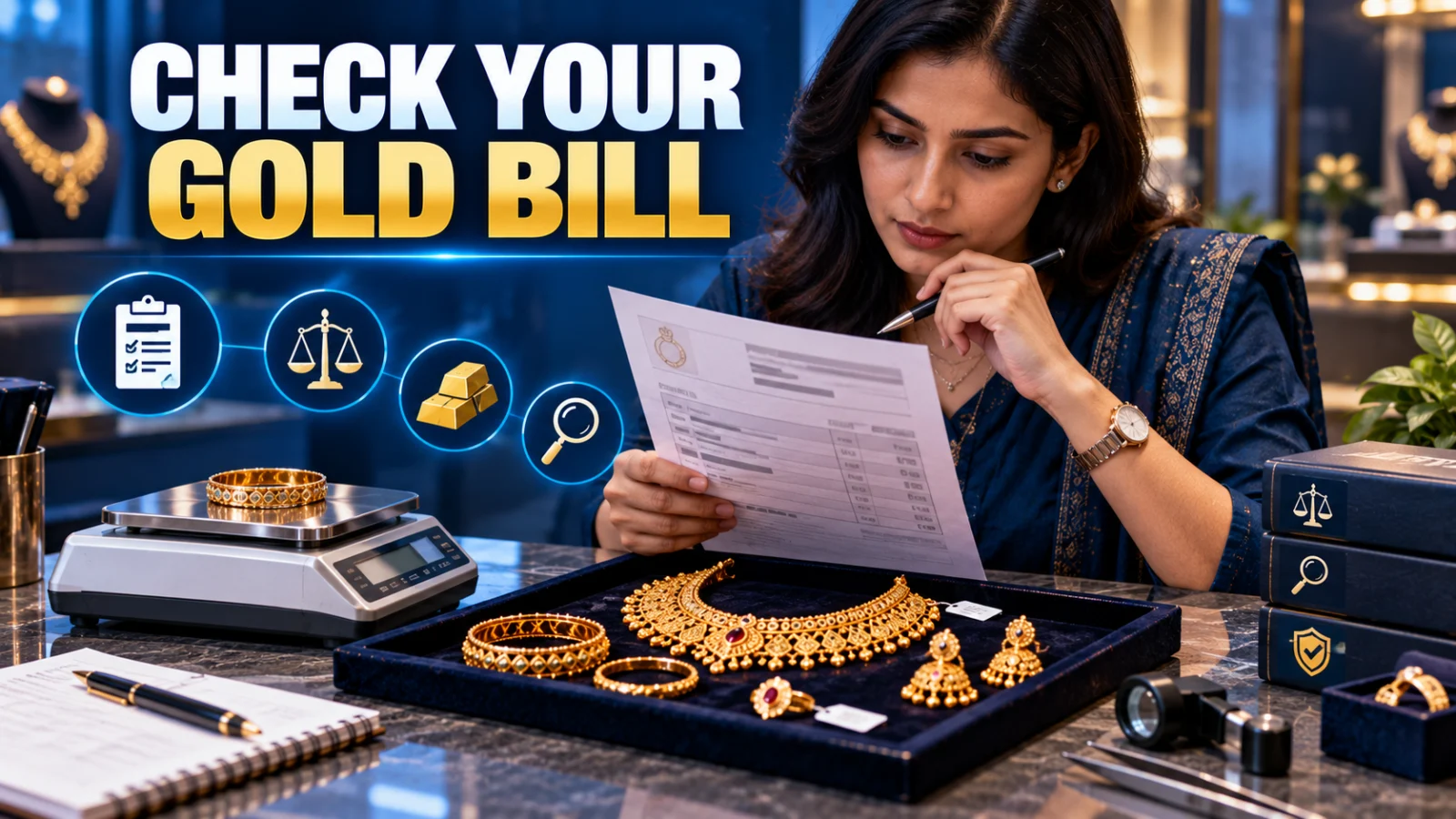 Indian jewellery buyer checking a gold jewellery invoice beside hallmarked gold ornaments and a weighing scale