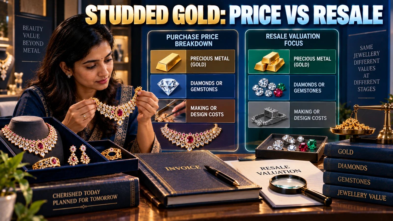 Indian jewellery buyer comparing the gold, diamond and gemstone components of a stone-studded gold ornament