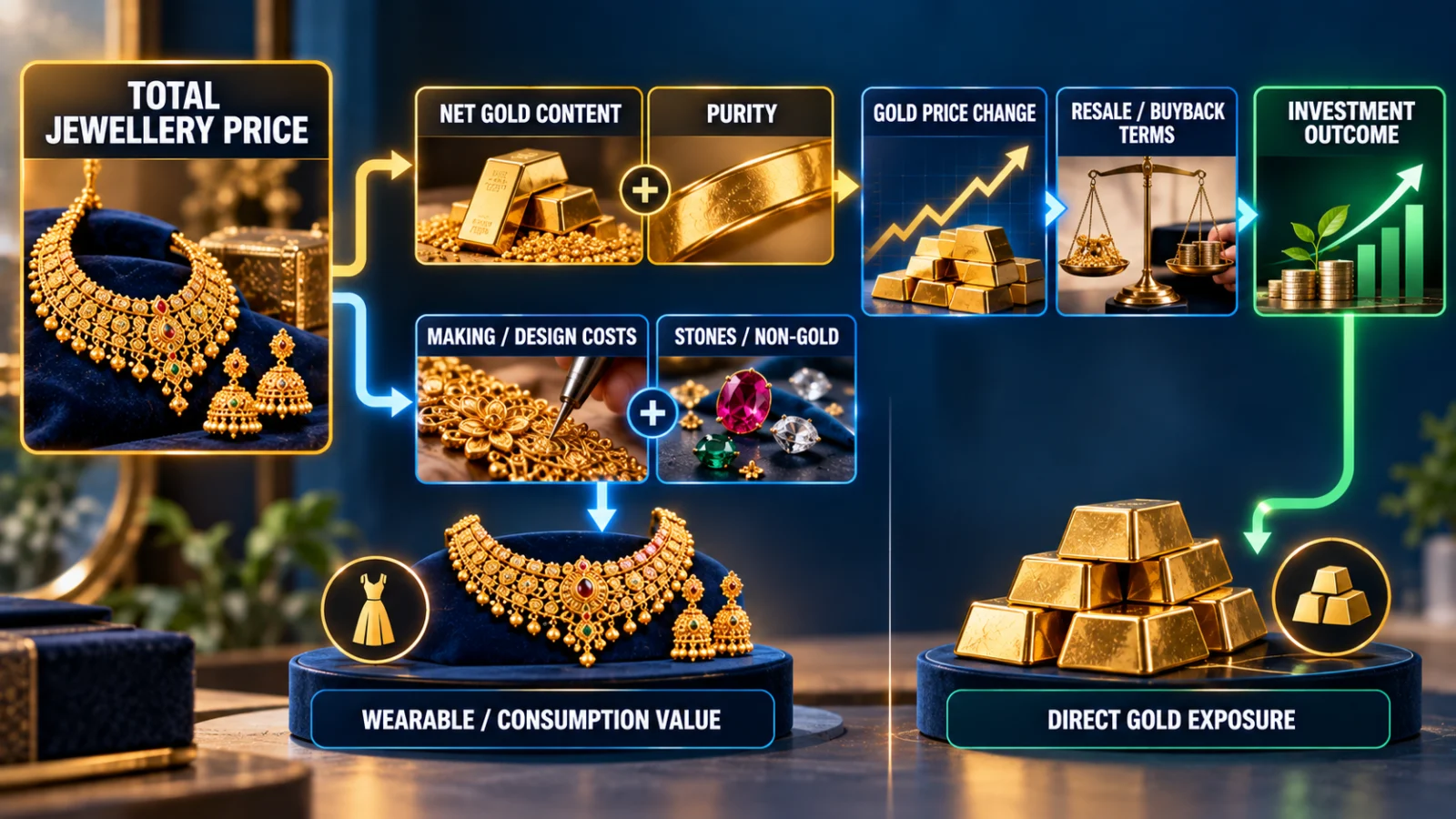 Infographic separating gold content from making charges, stones and resale factors in a jewellery investment decision