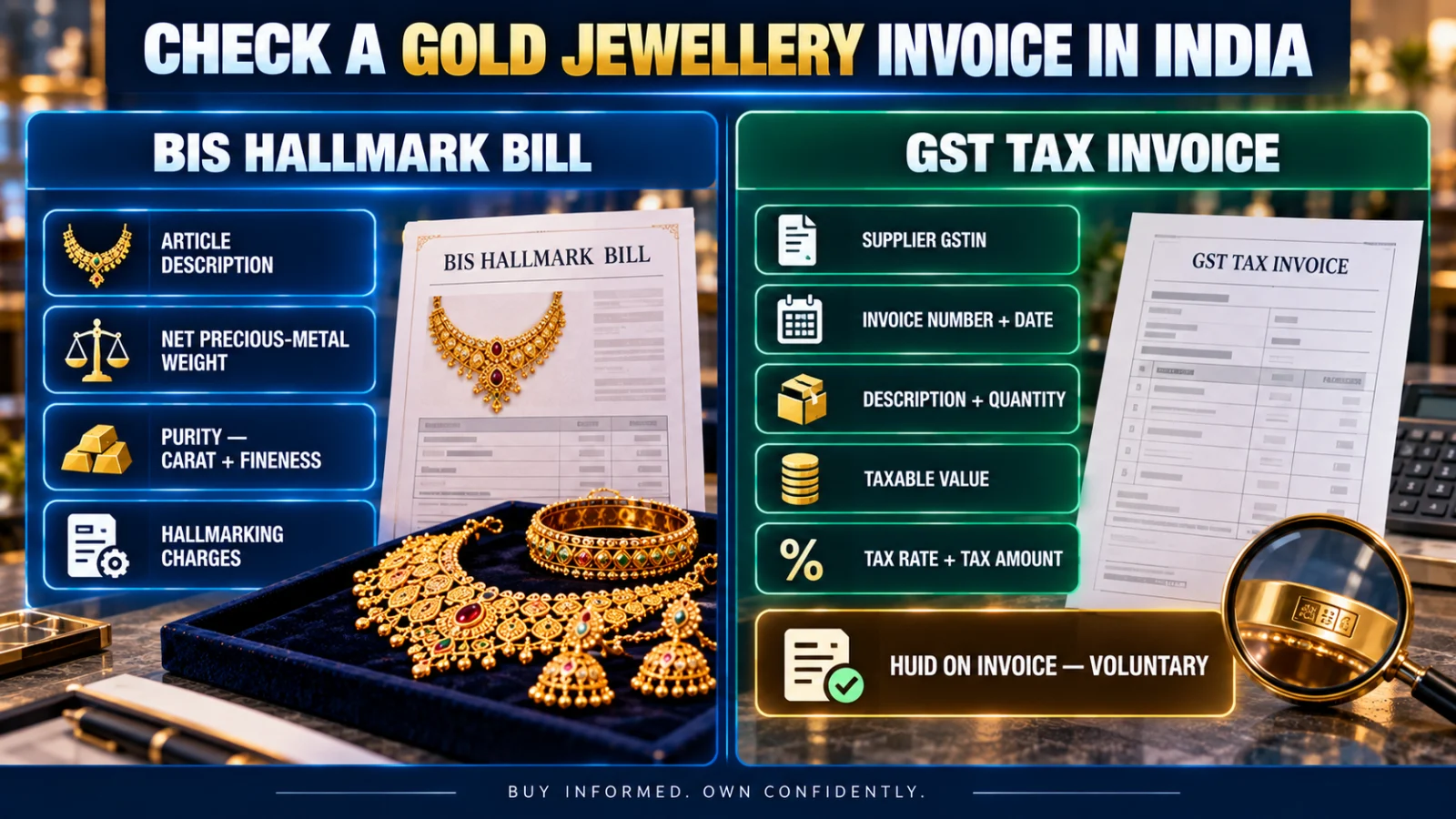 Infographic separating BIS hallmarked-jewellery invoice details from GST tax-invoice fields and showing HUID on the invoice as voluntary