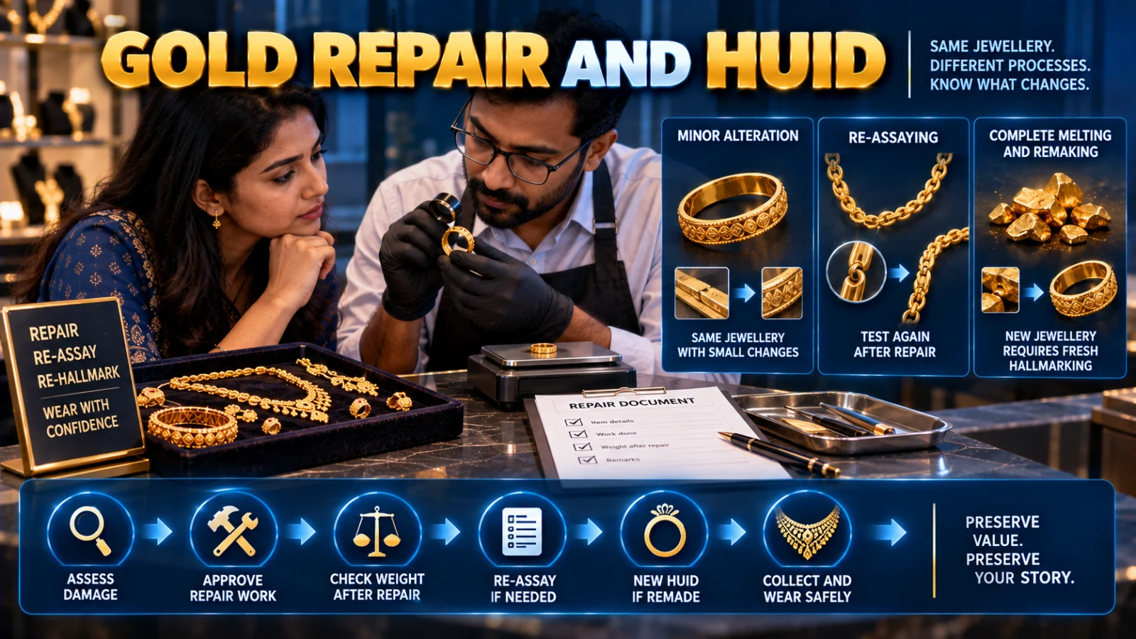 Indian jewellery owner reviewing a repaired gold ring, repair documentation and hallmark verification after alteration