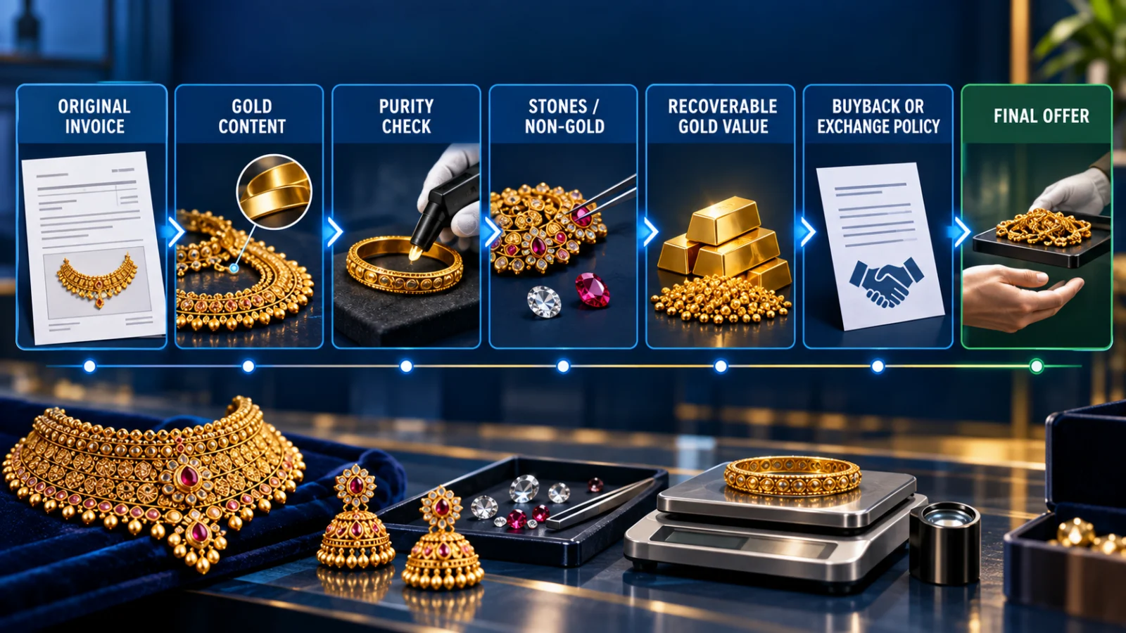 Infographic showing the chain from jewellery purchase invoice to recoverable gold value and final buyback offer