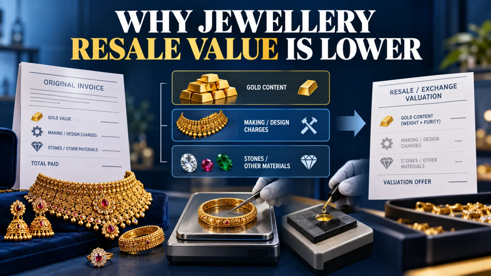 Gold jewellery, weighing scale and valuation document illustrating why resale value can differ from purchase price