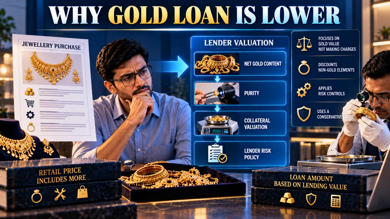 Indian borrower comparing gold jewellery with a lender valuation showing net gold weight, purity and collateral value