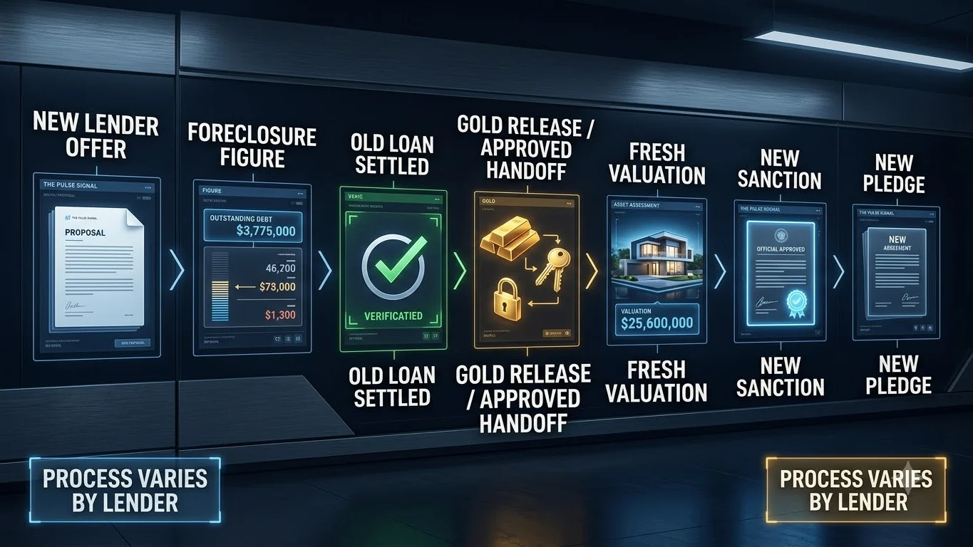 Gold loan balance transfer process from foreclosure figure and old-loan settlement to jewellery release, fresh valuation and new pledge