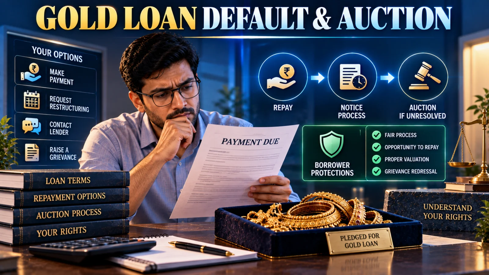 Indian gold-loan borrower reviewing a repayment notice while pledged jewellery remains secured before any auction
