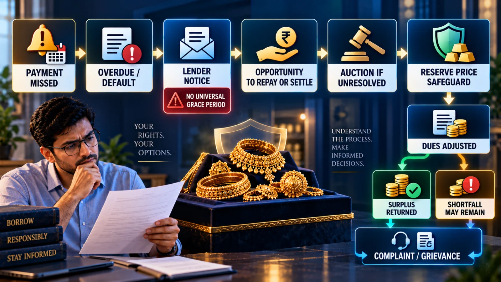 Gold loan default process from missed payment and notice to auction, dues adjustment, surplus refund and grievance