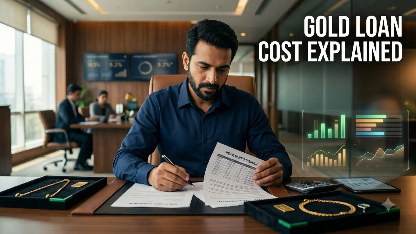 Indian gold-loan borrower comparing interest rate, APR and loan charges on financial documents