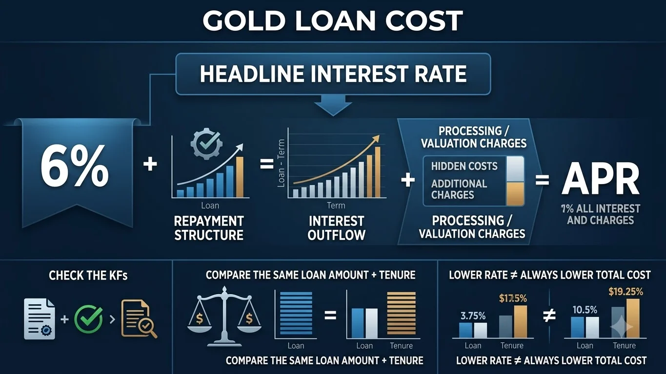 Gold loan cost comparison showing interest rate, interest outflow, APR and additional charges