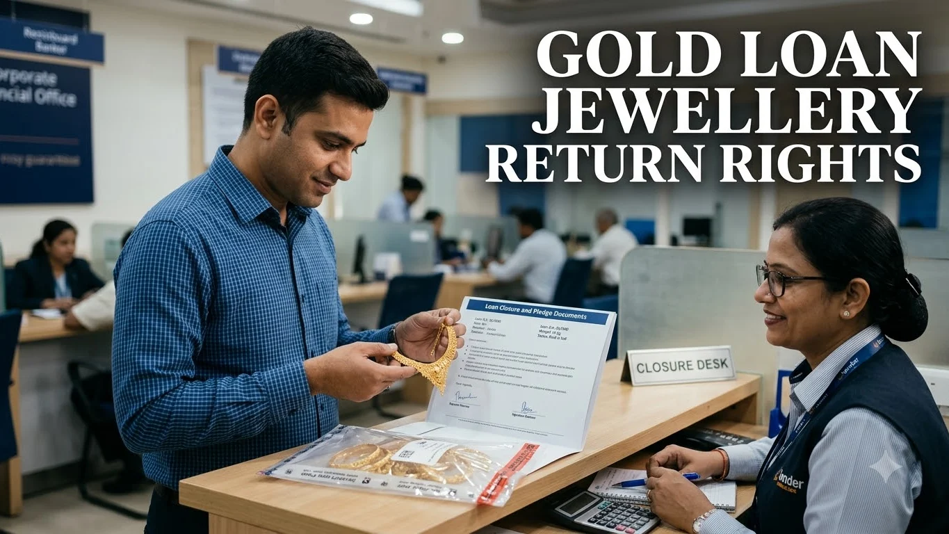 Indian borrower receiving pledged gold jewellery back after closing a gold loan while checking the handover documents