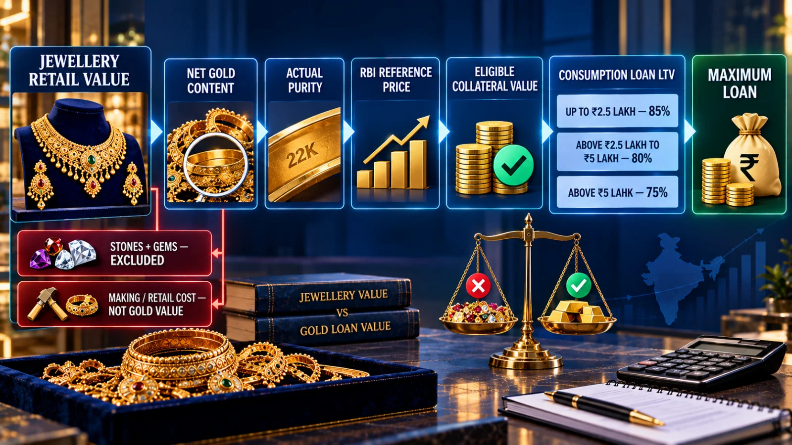 Diagram showing how jewellery retail value becomes eligible gold collateral value before a gold-loan LTV is applied