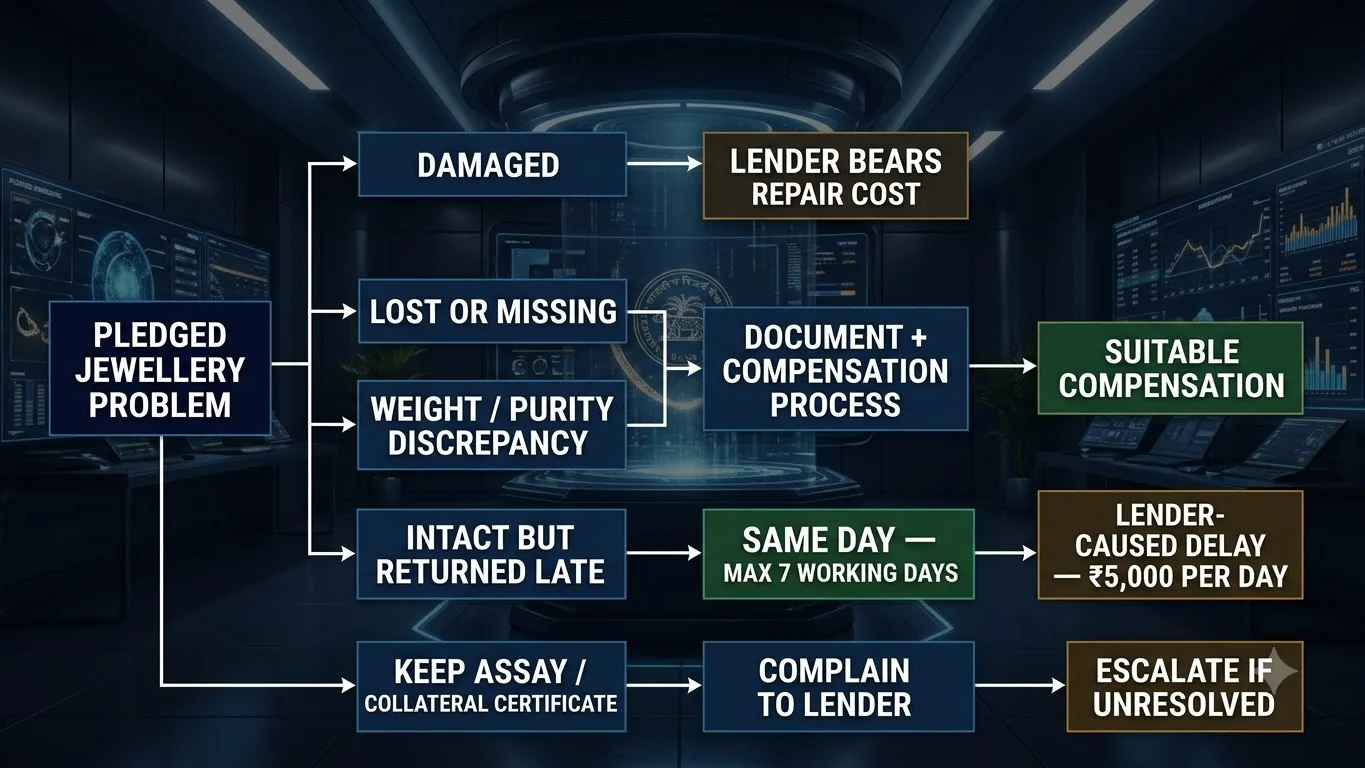 Decision path for lost, damaged or delayed-return pledged gold jewellery