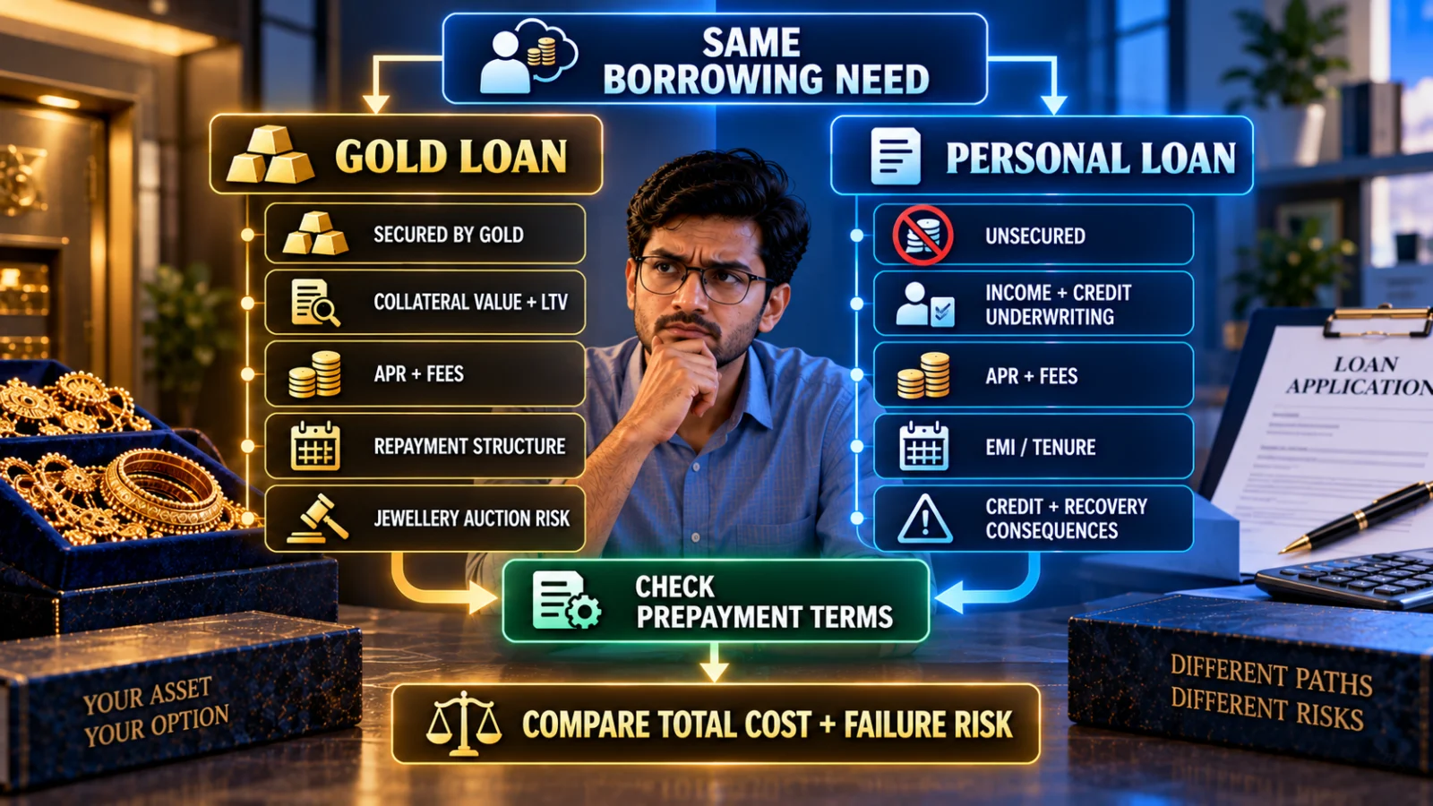 Decision framework comparing gold loan and personal loan cost, collateral, underwriting, tenure, prepayment and default risk