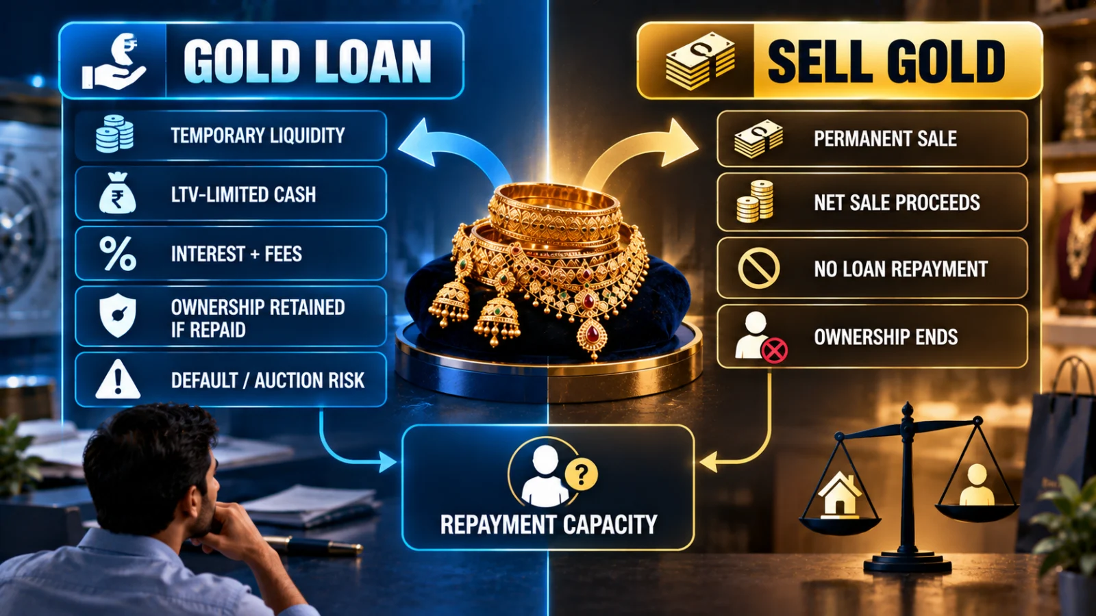 Decision infographic comparing a gold loan with selling gold across cash, repayment, ownership and default risk