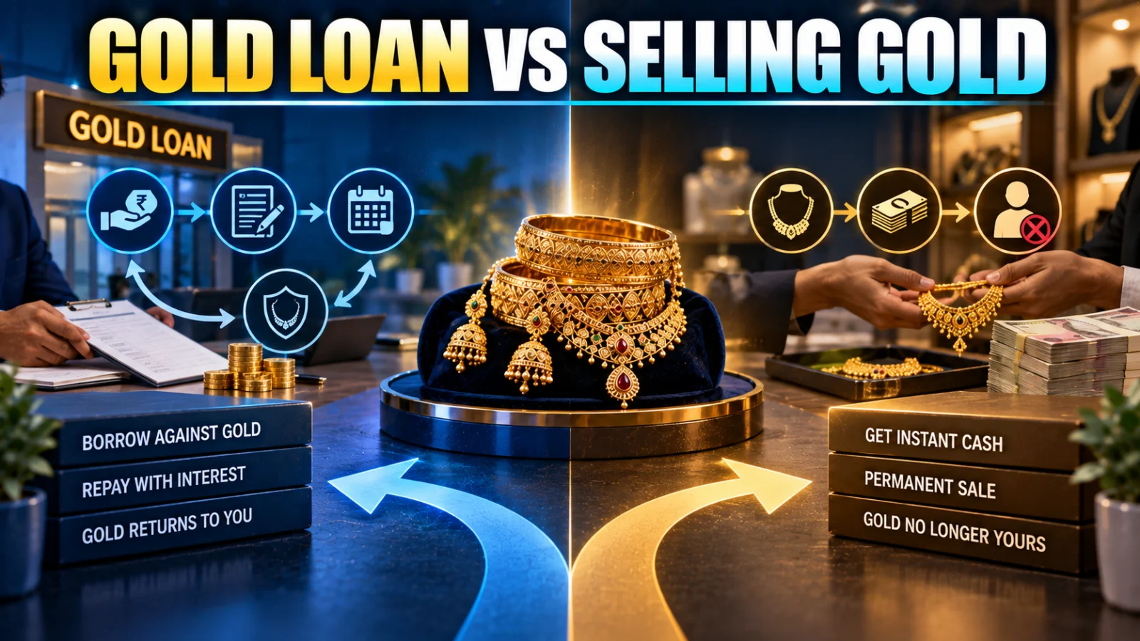 Indian household gold jewellery shown between a secured gold-loan option and an outright cash-sale option