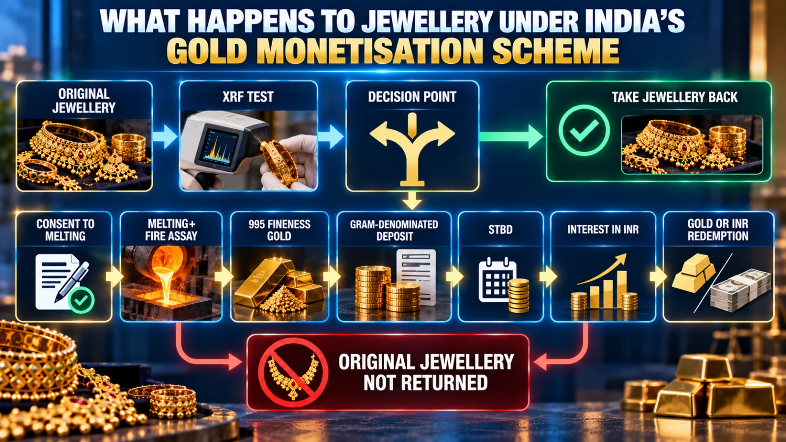 Infographic showing jewellery moving from XRF testing and melting to a 995-fineness gram-denominated gold deposit