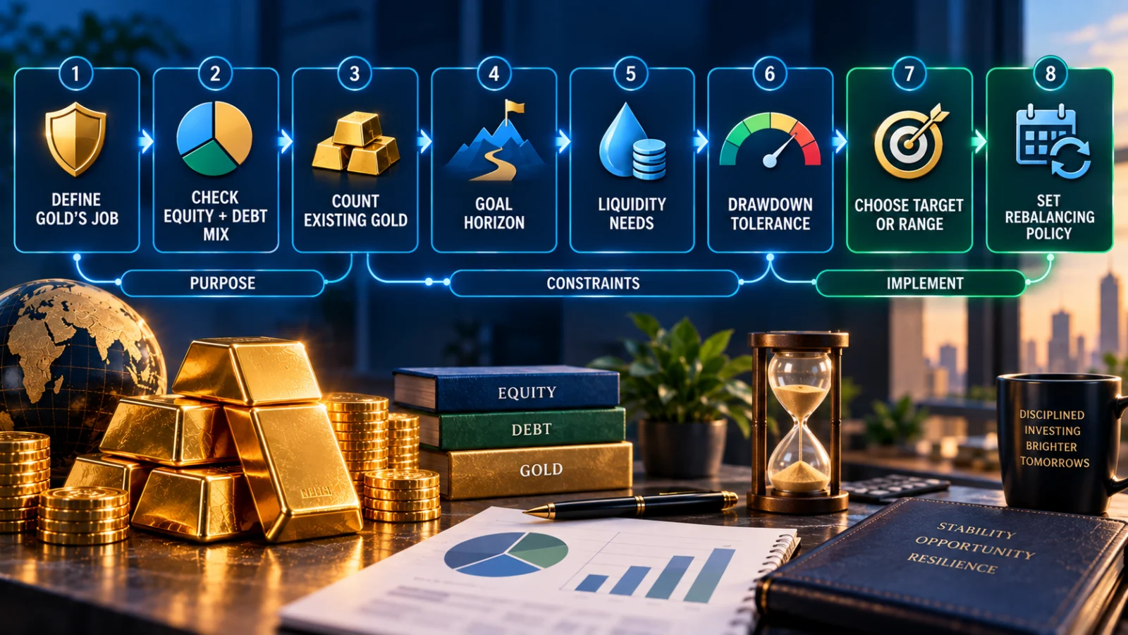 Gold portfolio allocation decision framework based on portfolio role, existing exposure, asset mix, horizon, liquidity and drawdown tolerance