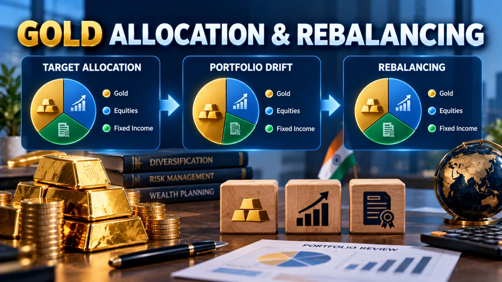 Gold, equity and bond portfolio segments being rebalanced toward target allocation weights