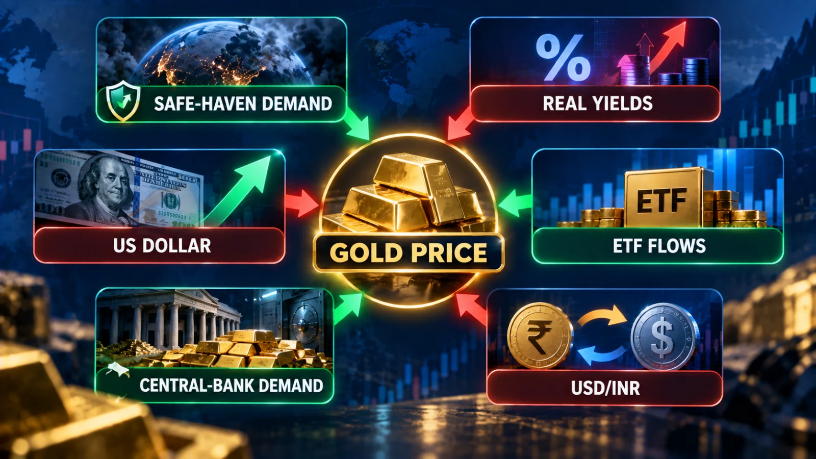 Infographic showing how war, real yields, the US dollar, ETF flows and the rupee can affect gold prices