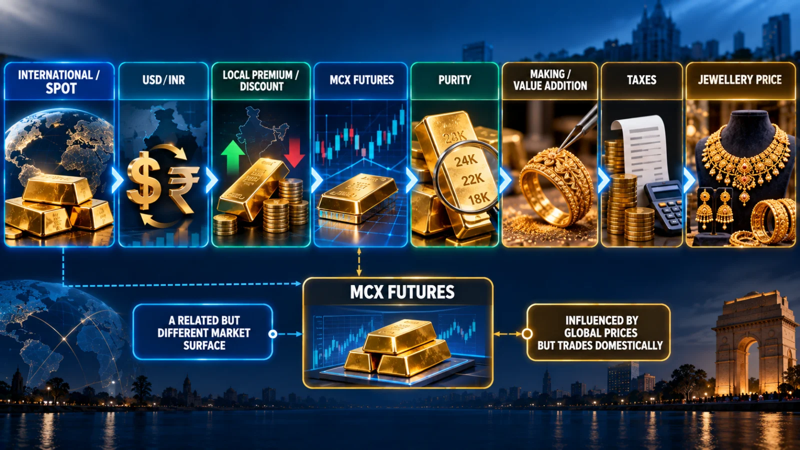 Diagram comparing international spot gold, MCX futures and jewellery retail pricing in India