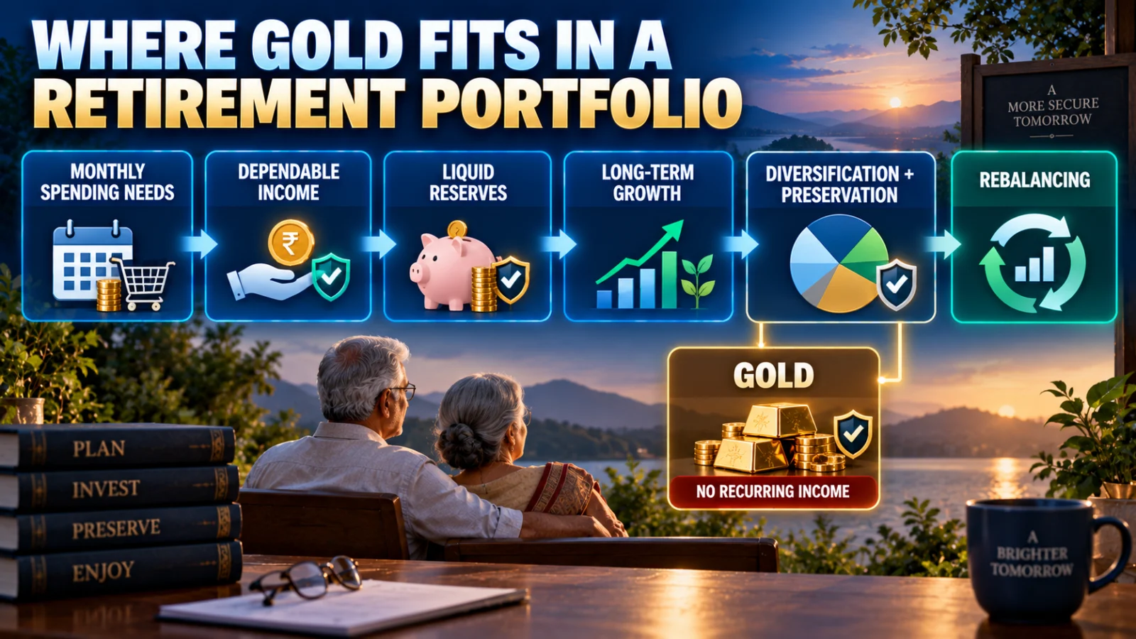 Retirement decision path showing spending needs, income, growth, diversification, gold and rebalancing