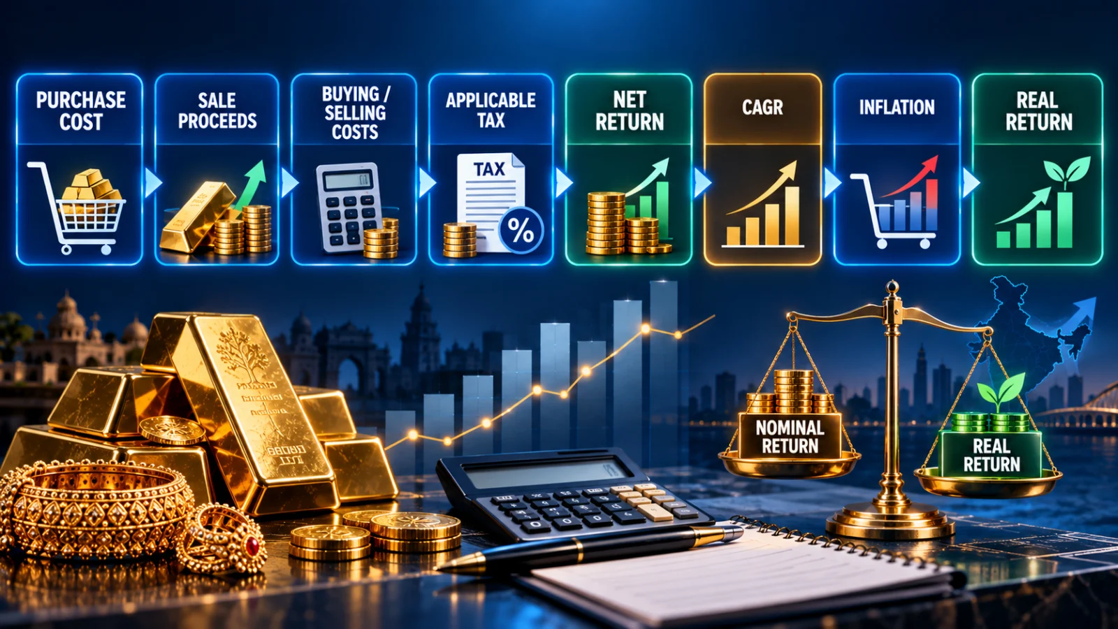 Infographic showing the path from gold purchase cost and sale proceeds through costs, tax, CAGR, inflation and real return