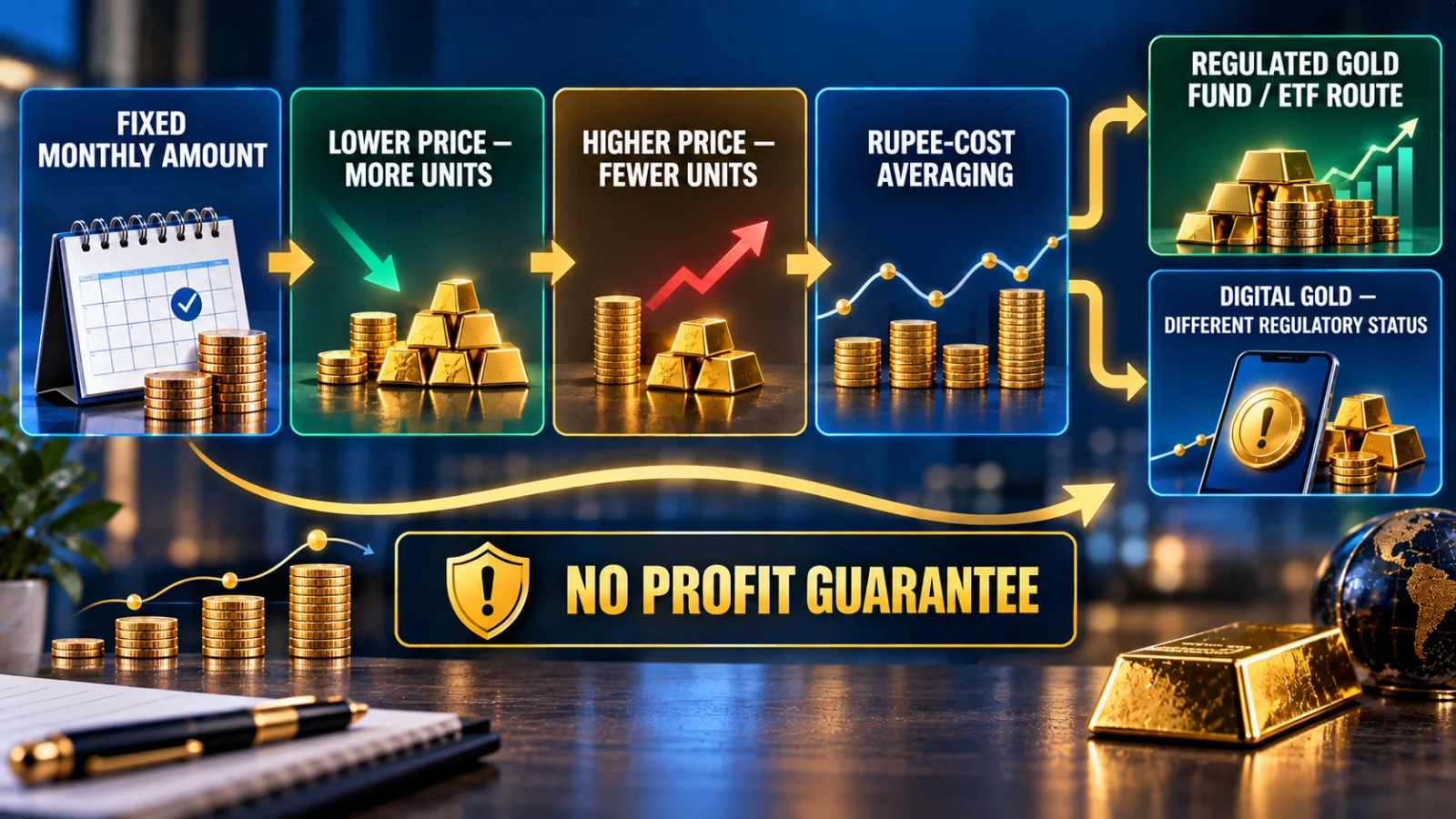 Infographic explaining monthly gold investing, rupee-cost averaging and regulated versus digital-gold routes