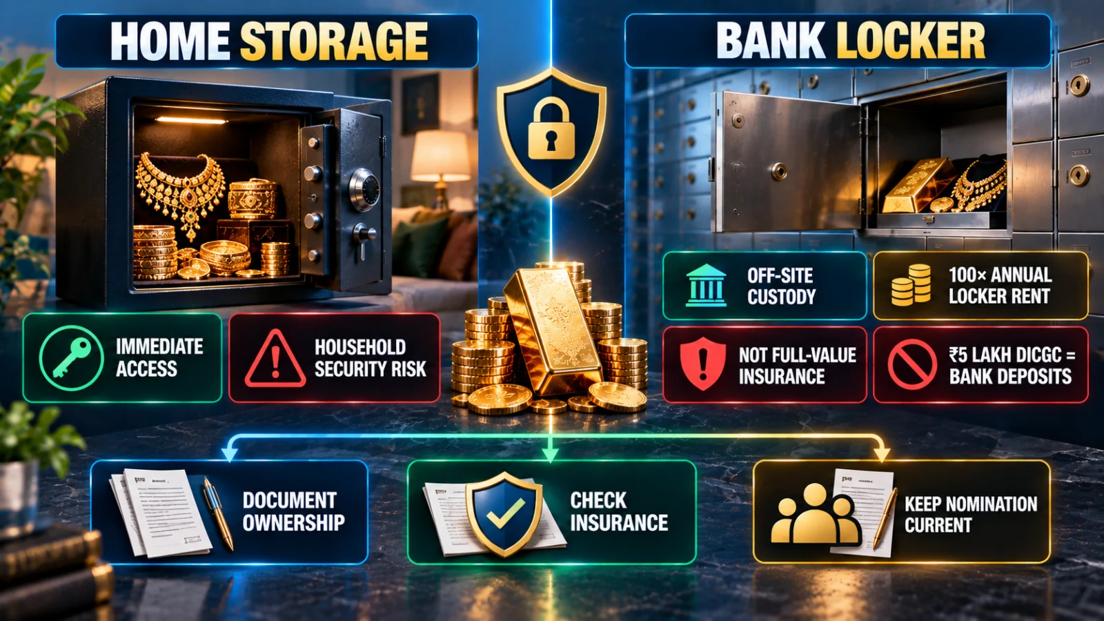 Infographic comparing home gold storage and bank locker storage with RBI liability and insurance distinctions