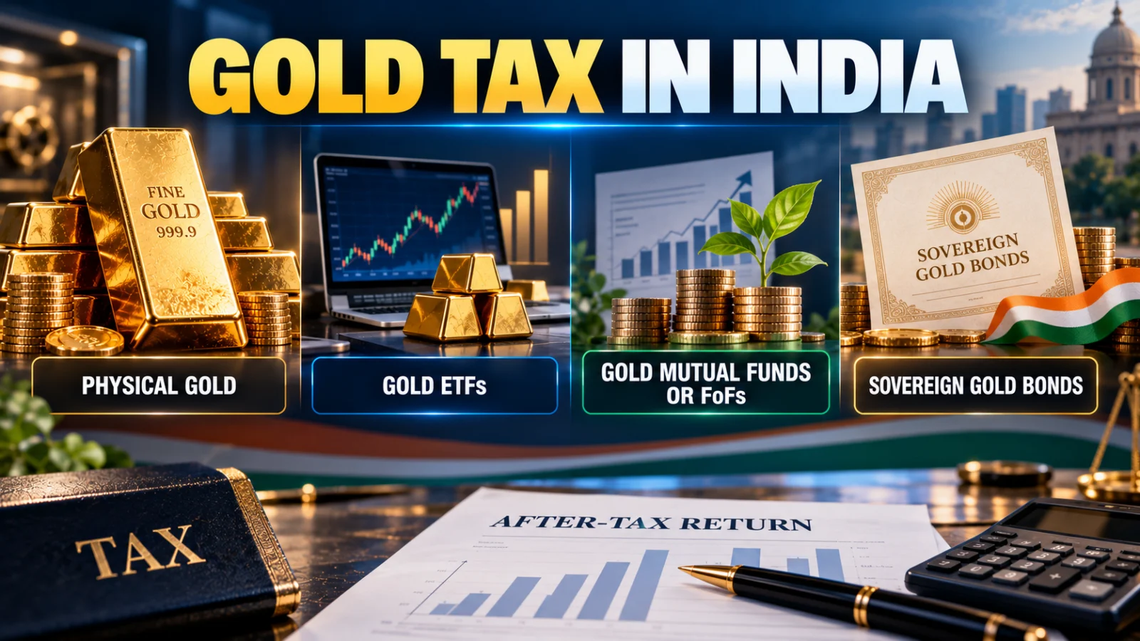 Physical gold, Gold ETF, mutual fund and sovereign gold bond concepts arranged for an Indian tax comparison
