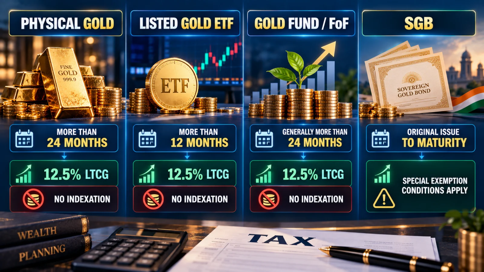 Infographic comparing tax holding periods and special rules for physical gold, Gold ETFs, gold funds and SGBs in India