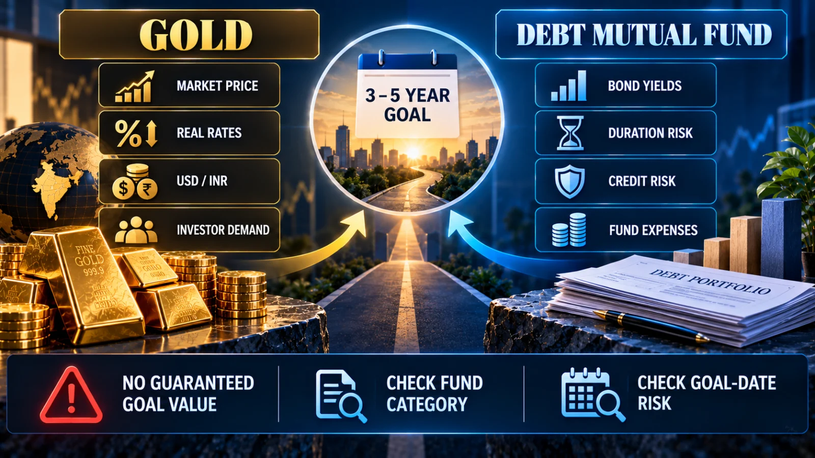 Comparison of gold price risk and debt mutual fund duration and credit risk for a three-to-five-year goal