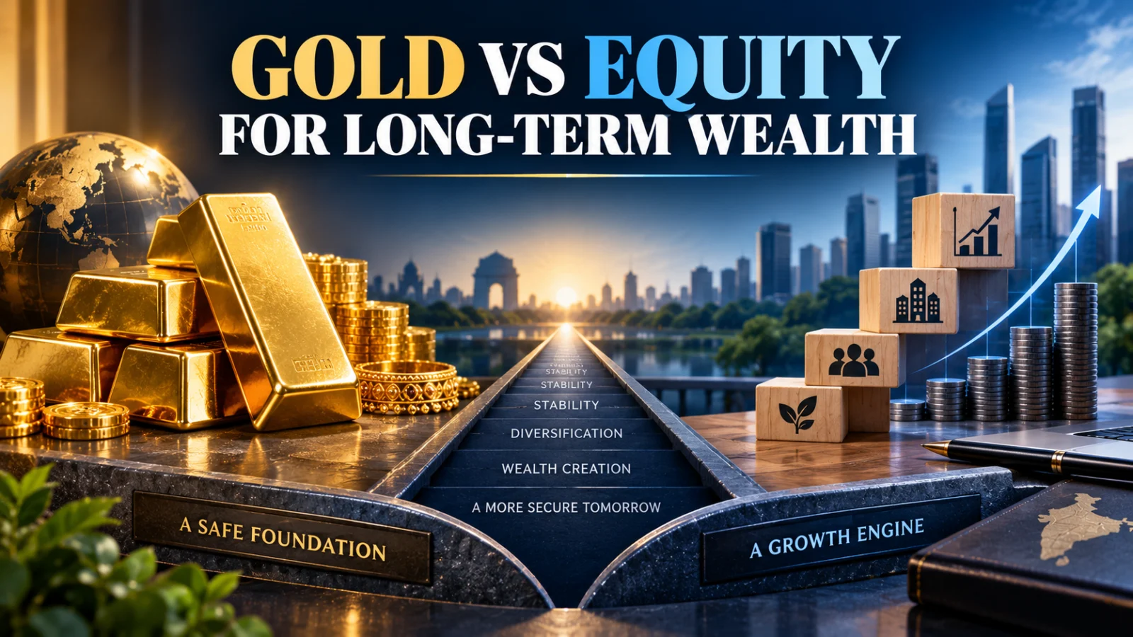 Gold bullion beside a diversified Indian equity-market concept illustrating long-term wealth and portfolio diversification