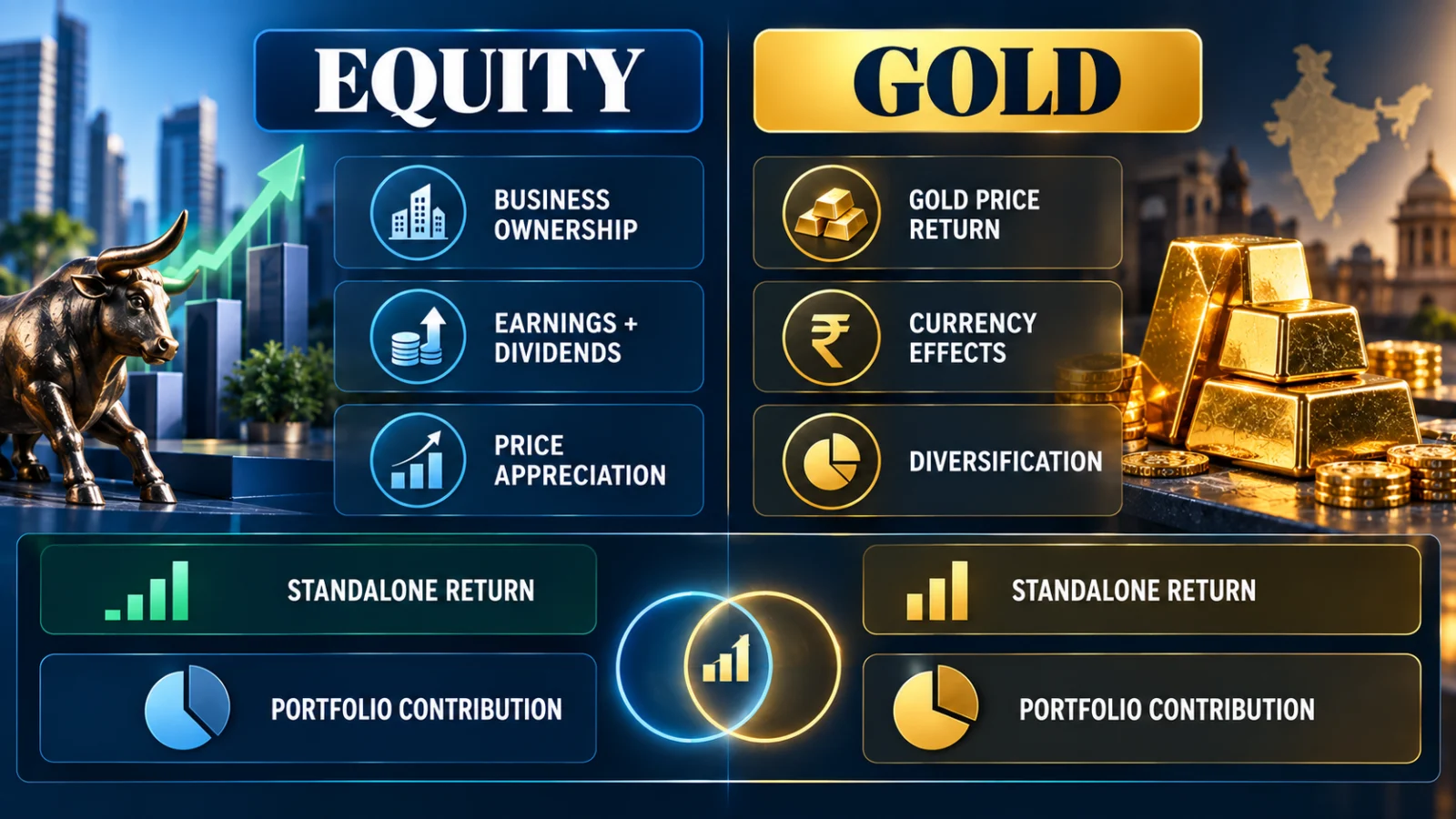 Comparison infographic showing equity return engines and gold diversification roles for long-term investors
