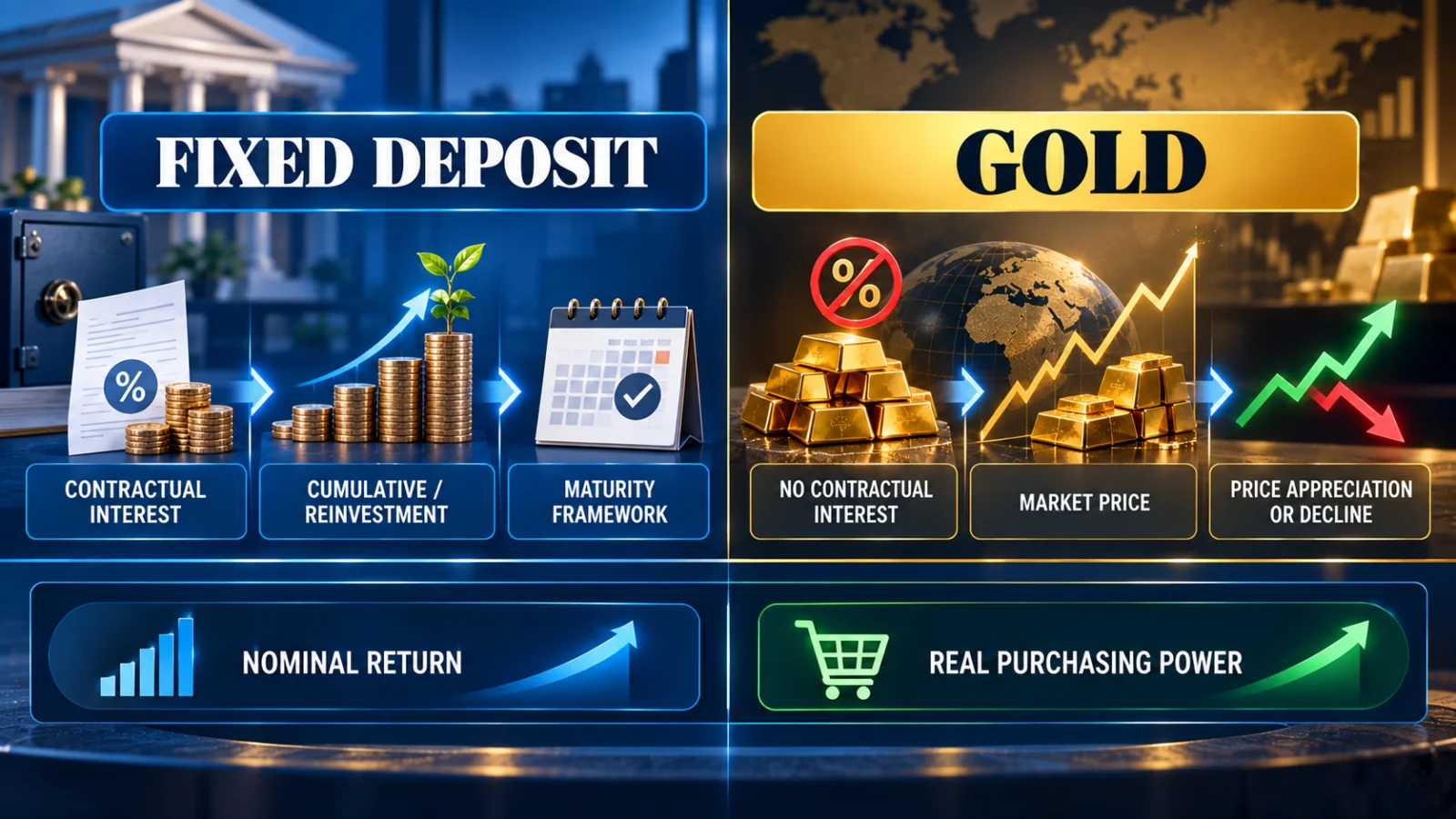 Infographic comparing fixed-deposit contractual interest and compounding with gold market-price appreciation