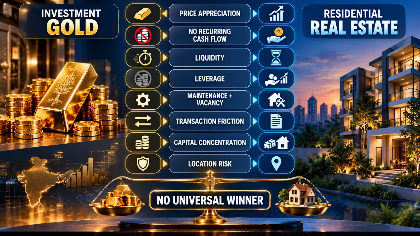 Gold versus real estate comparison framework covering liquidity, rental cash flow, leverage, costs, concentration and location risk