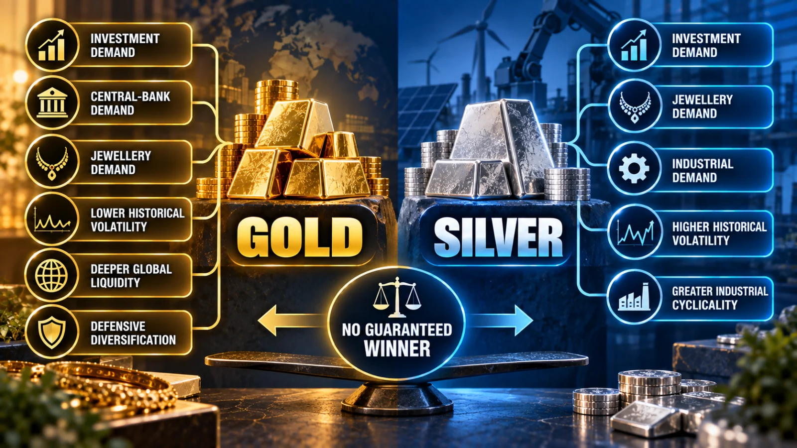 Infographic comparing gold and silver by demand engine, volatility, liquidity, industrial exposure and portfolio role