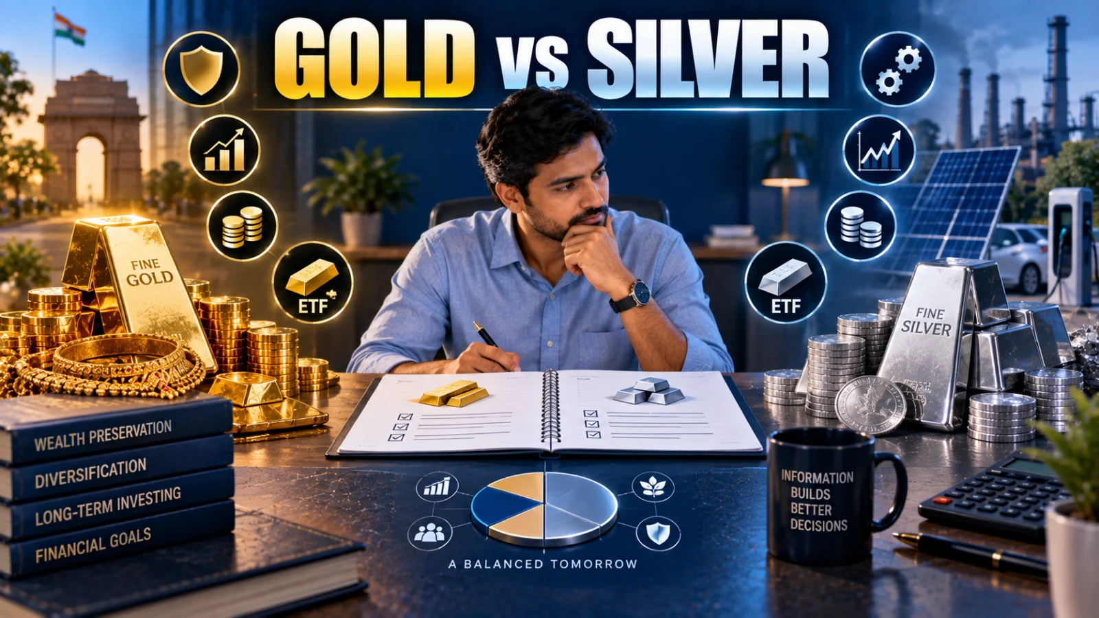 Indian investor comparing gold and silver as long-term investments using risk, industrial demand, liquidity and diversification cues