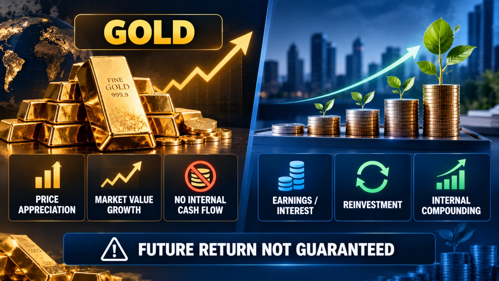 Infographic comparing gold price appreciation with internal earnings, dividends and interest compounding