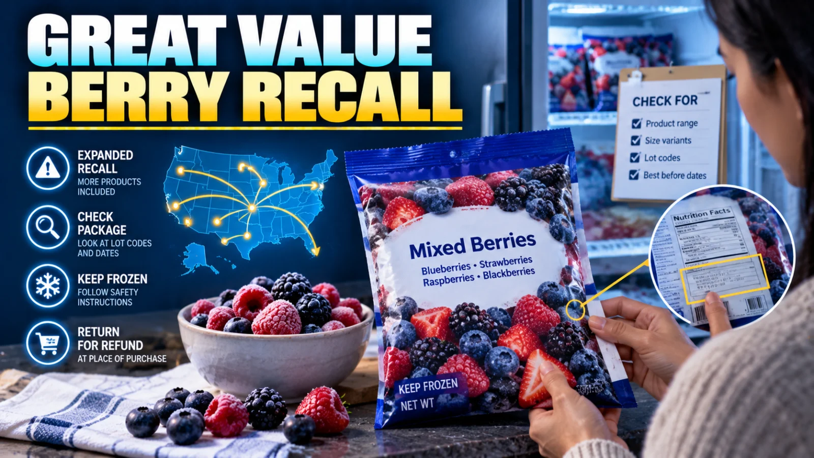 Frozen mixed berry package being checked for recall identifiers and removed from use